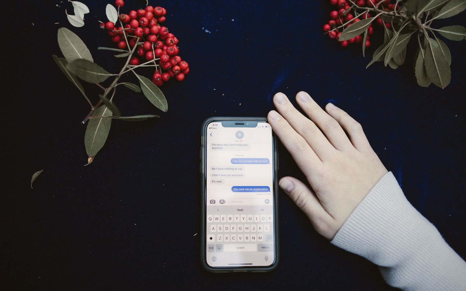 A hand rests beside a smartphone showing a text conversation, surrounded by red berry branches
